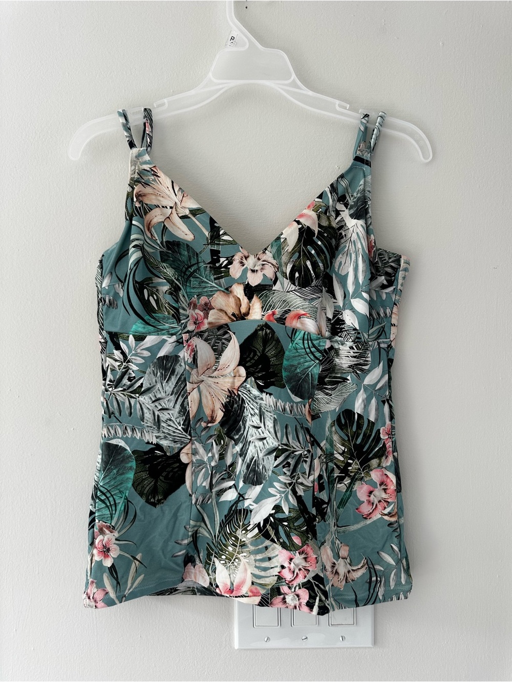 Tropical Teal Floral V-Neck Swim Cami with Adjustable Straps